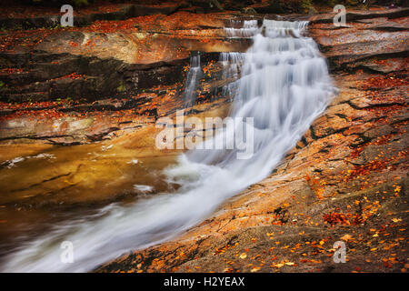 Cascata cascata sul fiume di montagna, rocce con caduto foglie di autunno, pittoresco paesaggio delle montagne di Krkonose Repubblica Ceca Foto Stock