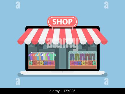 Online store sul monitor di un laptop schermo, e-commerce e shopping on line concept Illustrazione Vettoriale