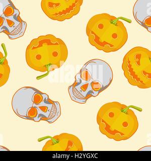 Halloween seamless bright kids cartoon pattern. Il cranio e la zucca. Illustrazione Vettoriale