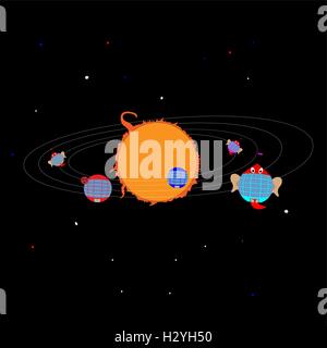 Pianeti in forma di case rotonde e facce buffe, in orbita attorno al Sole Illustrazione Vettoriale