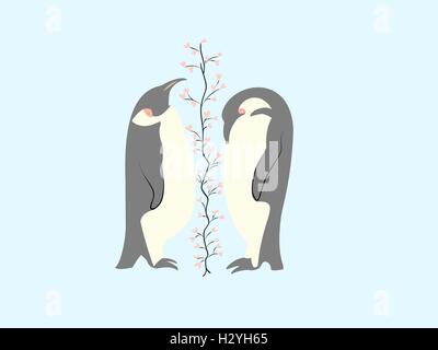 Due amanti penguin e albero di cuori Illustrazione Vettoriale