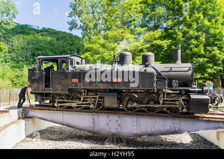 Locomotiva giradischi sul treno de l'Ardèche treno turistico, Colombier le Vieux - Saint-Barthélémy le Plain, Ardèche, Francia Foto Stock