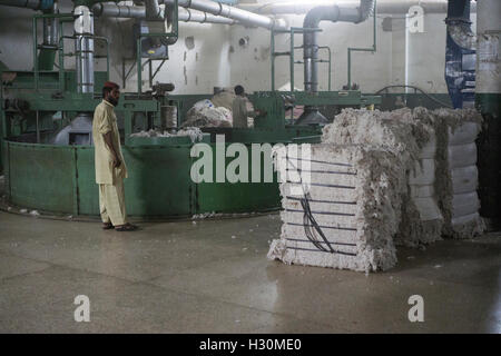 I lavoratori all'interno del mulino di cotone Multan Pakistan Foto Stock