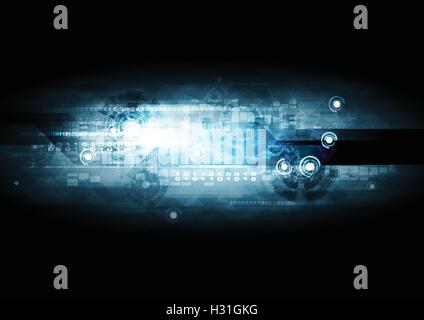 Blu scuro hi-tech sfondo astratto con il codice binario e gli ingranaggi di elementi. Tecnologia del vettore di design Illustrazione Vettoriale