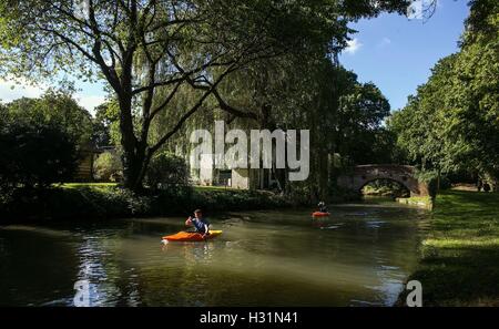 Canoisti godere del Basingstoke Canal vicino Winchfield, Hampshire. Foto Stock