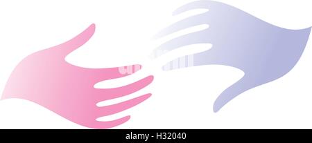 Abstract isolato blu e rosa colore raggiungendo umano mani logo. L uomo e la donna di toccare le mani logotipo. Simbolo d'amore. Segno di relazione. Datazione e agenzia matrimoniale icona. Illustrazione Vettoriale. Illustrazione Vettoriale