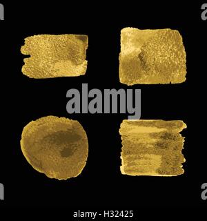 Vettore di vernice oro cospargere di macchia corsa impostato su sfondo nero. Abstract oro scintillante arte testurizzata illustrazione. Illustrazione Vettoriale