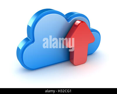 Concetto di caricamento con il cloud , questo è un rendering 3d generate computer immagine. Isolato su bianco. Foto Stock