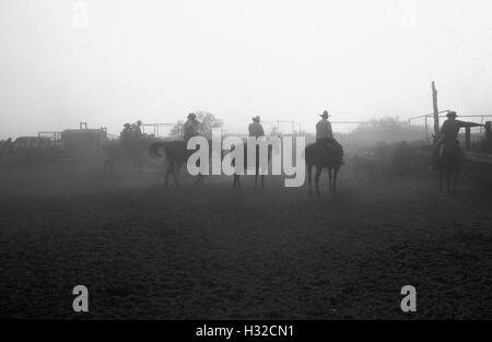 I cowboys attendere per marca all'Battlecreek penne dell'JA Ranch a sud-ovest di Clarendon, TX (dal colore originale diapositiva) Circa 1998 Foto Stock