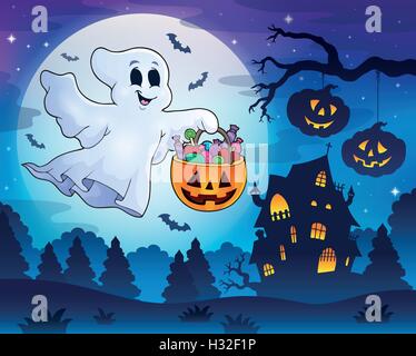 Halloween ghost vicino Haunted House 3 - eps10 illustrazione vettoriale. Illustrazione Vettoriale