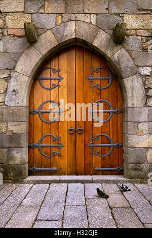 Bella e antica porta di legno con ornamenti di ferro in un castello medievale Foto Stock