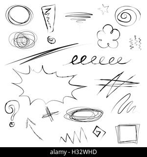 Set di gli scarabocchi, sketchy disegnati a mano cornici, freccia, segni, sottolinea, loop, volute, segni, croce, a zig-zag. Doodle isolato su bianco. Illustrazione Vettoriale. Illustrazione Vettoriale