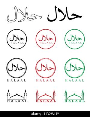 Halaal logo o segno. Isolato su bianco illustrazione. Vettore. Halaal è tradotto dall'Arabo come ammissibile. Illustrazione Vettoriale