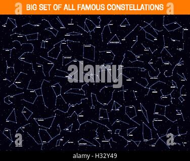 Grande set di tutti i famosi costellazioni astronomiche moderne segni dello zodiaco. Illustrazione Vettoriale