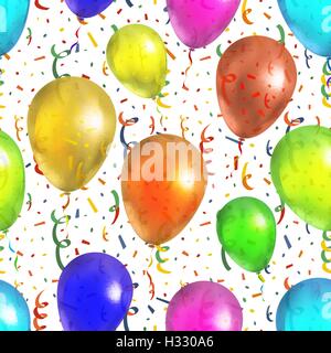 Palloncini colorati con serpantin e coriandoli seamless pattern su bianco Illustrazione Vettoriale