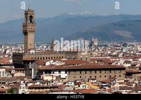 Vista dal Piazzale Michelangelo con Palazzo Vecchio, Firenze, Toscana, Italia Foto Stock