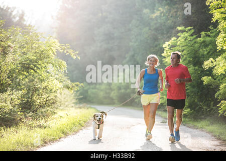 Coppia senior con cane acceso in verde natura soleggiato Foto Stock