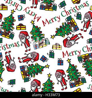 Buon Natale seamless pattern, con disegnati a mano, doodled santa, albero doni e il testo che dice buon Natale. Sul bianco. Illustrazione Vettoriale