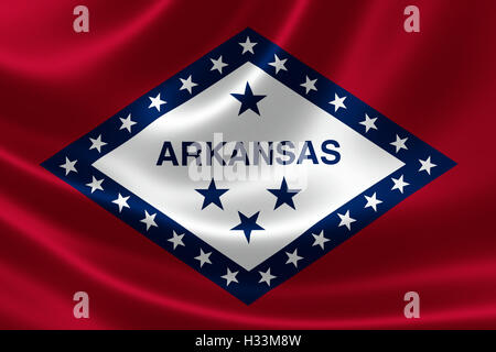3D rendering della bandiera di Arkansas sul raso texture. Foto Stock