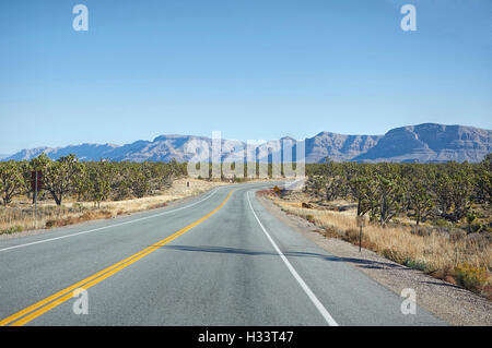 Autostrada fa girare a destra nel deserto del Nevada Foto Stock
