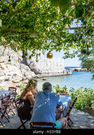 I turisti seduti in una taverna sulla spiaggia Lindos Grecia Foto Stock