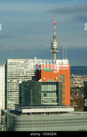 Wien, Vienna: Andromeda Torre , Mischek Tower e la Torre del Danubio ( dalla parte anteriore a quella posteriore ) nella città sul Danubio, 22., Wien, Austria Foto Stock