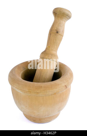 Mortaio di legno isolato su sfondo bianco Foto Stock