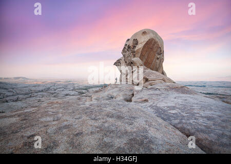 Tourist uomo in piedi di fronte a un enorme masso nel deserto di pietra a sunrise cielo rosa in Kazakistan Foto Stock