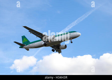 Aer Lingus Airbus A320 si avvicina all'aeroporto Heathrow di Londra. Foto Stock