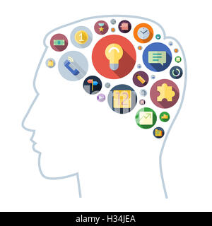 Le icone per le aziende disposte nel cervello umano forma. Foto Stock