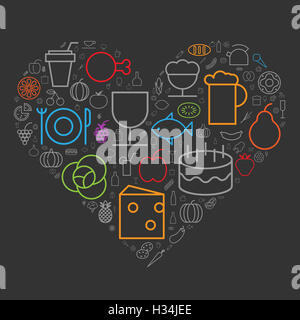 Le icone per il cibo e le bevande sono disposti in forma di cuore. Foto Stock