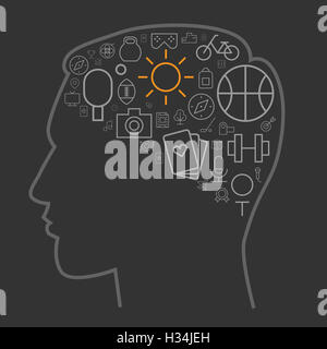 Le icone per lo sport e il tempo libero disposto nel cervello umano forma. Foto Stock