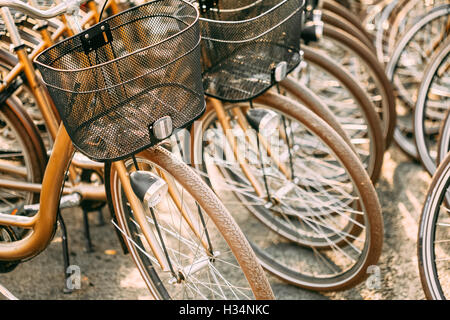 Close Up di ruote di biciclette sul parcheggio in città europea. La luce del sole Sunshine attraverso raggi della ruota. Foto Stock