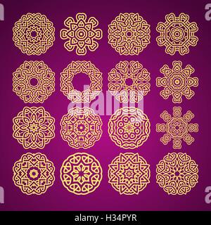 Mandala motivo floreale con il simbolo del cuore di pattern astratti vettore set luminoso giallo su viola scuro illustrazione dello sfondo Illustrazione Vettoriale