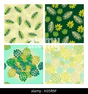 Set di modelli con foglie tropicali. Illustrazione Vettoriale