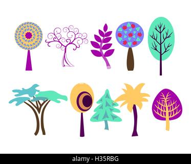 Icona colorata insieme di alberi di vettore Illustrazione Vettoriale