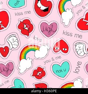 Amore e romanticismo disegnati a mano modello senza soluzione di continuità con le icone di cute di colore rosa, cuore, Kiss, rainbow design. EPS10 vettore. Illustrazione Vettoriale