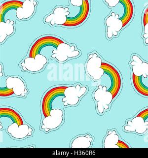 Disegnato a mano modello senza cuciture con arcobaleno icona patch nel cloud sky, Cartoon carino lo sfondo dell'illustrazione. EPS10 vettore. Illustrazione Vettoriale