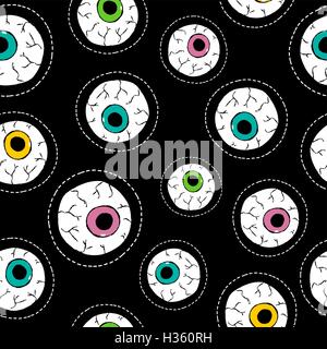 Disegnata a mano eyeball seamless pattern con occhio umano stitch patch icone a colori vibranti. EPS10 vettore. Illustrazione Vettoriale