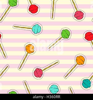 Carino candy disegnati a mano modello senza giunture, stitch patch lollipop icone sul color pastello sullo sfondo. EPS10 vettore. Illustrazione Vettoriale