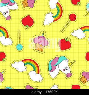 Colorato disegnato a mano modello senza cuciture con carino stitch icone di patch o spine. Torta di caramelle, rainbow, Unicorn e altro ancora. EPS10 vettore. Illustrazione Vettoriale