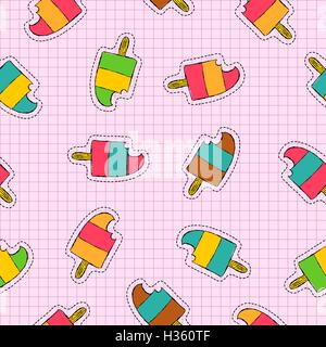 Disegnata a mano doodle seamless pattern con estate gelato icone delle patch, carino ghiaccioli congelati design. EPS10 vettore. Illustrazione Vettoriale