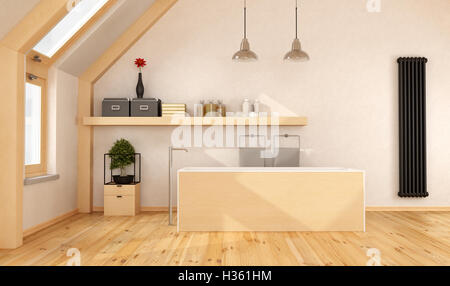 Bagno in legno in mansarda con vasca,ripiano e radiatore - 3d rendering Foto Stock