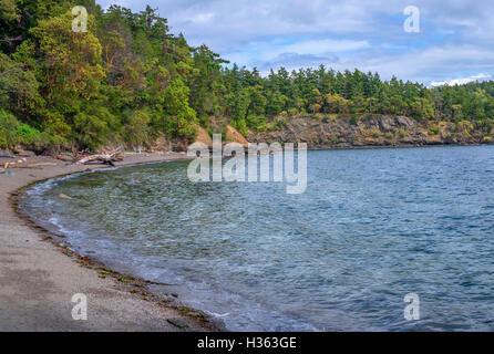 Stati Uniti d'America, Washington, San Juan Islands, Orcas Island, ostruzione Pass State Park, Curva spiaggia di ghiaia, costa rocciosa e foresta. Foto Stock