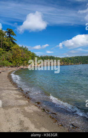 Stati Uniti d'America, Washington, San Juan Islands, Orcas Island, ostruzione Pass State Park, Curva spiaggia di ghiaia, costa rocciosa e la foresta di madrone e fir. Foto Stock