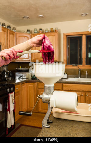 Polpa di uva che attraversa un passaverdure per ottenere più succo da tendere attraverso un sacchetto può da sola, Foto Stock