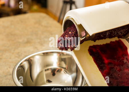Polpa di uva che attraversa un passaverdure per ottenere più succo da tendere attraverso un sacchetto può da sola, Foto Stock