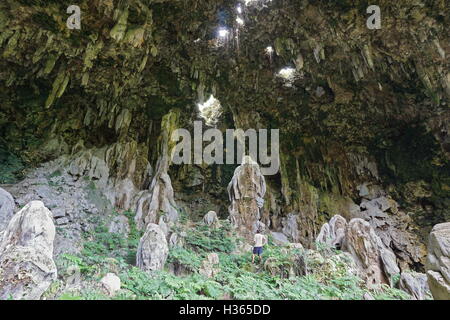 Grande caverna di calcare con i fori nel suo soffitto e un uomo in piedi, Ana aeo, Rurutu isola, pacific, Austral, Polinesia Francese Foto Stock