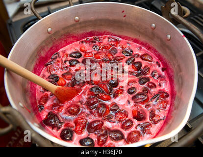 Damsons essendo realizzati in inceppamento in una padella la conservazione Foto Stock