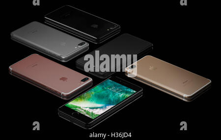 3D rendering di Jet Black, nero, oro rosa, oro, argento iPhone 7 Plus su sfondo nero. Foto Stock
